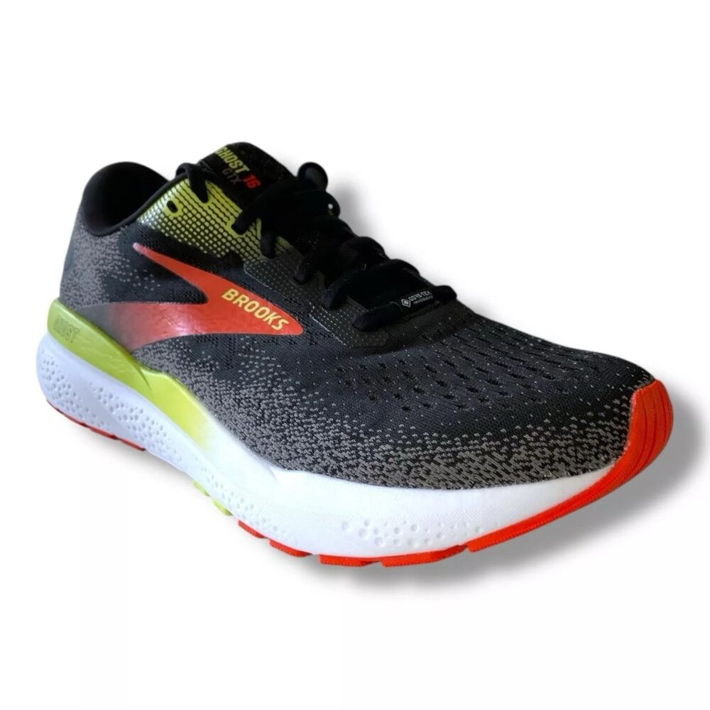 Size 11.5 - Brooks Ghost 16 GORE-TEX Shoes Men's Black Mandarin Red Green